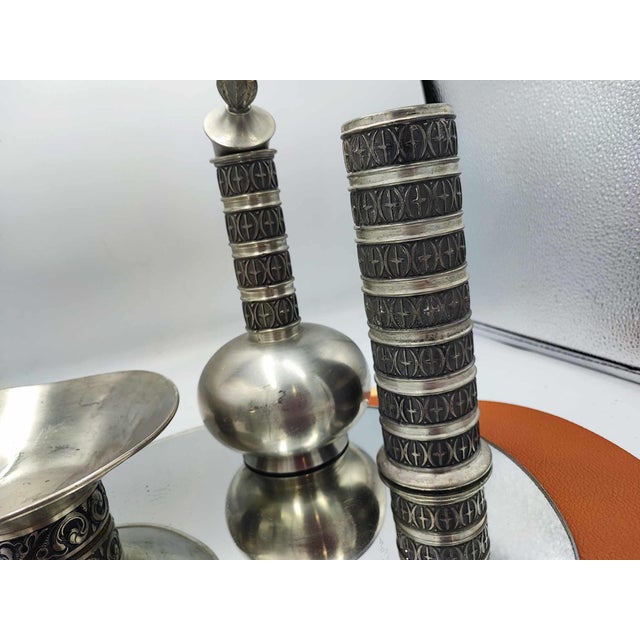 Vintage 1970s jug, 2 vases, plate, Pewter Haugrud Norway, dimensions: plate, diameter: 17 cm, height: 6.3 cm, carafe with...