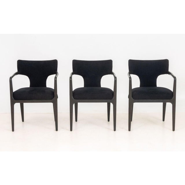 Set of Six Restoration Hardware Black Upholstered Ebonized Wood Dining Chairs, labels to undersides. 31.5" H x 22.5" W x...