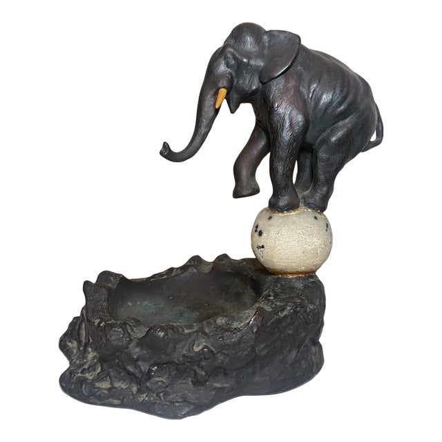 Large Antique Circus Elephant Dish Ashtray Armor Bronze Clad Statue Sculpture For Sale