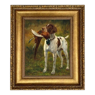 English Pointer With Pheasant Framed 11x14" Oil Painting Print on Canvas, Gold Frame For Sale