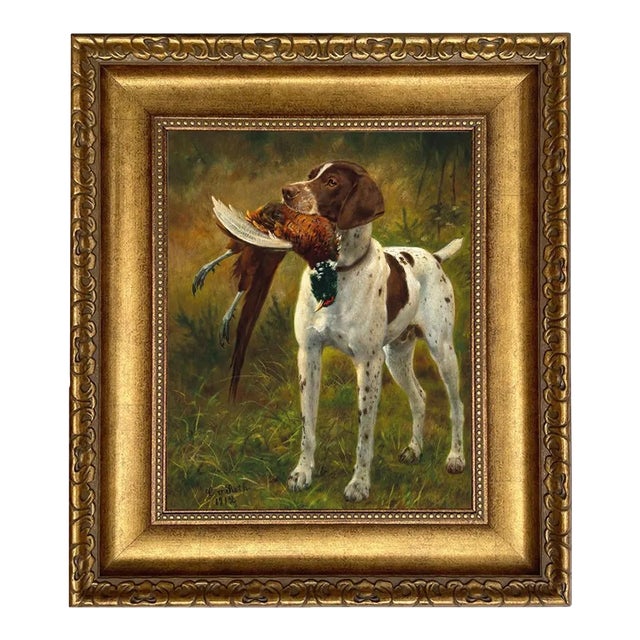 English Pointer With Pheasant Framed 11x14" Oil Painting Print on Canvas, Gold Frame For Sale