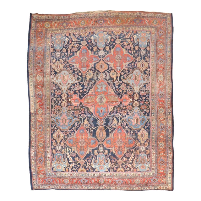 Antique Zabihi Collection Large Scale Worn Persian Bidjar Rug - 9'5" x 12'7" For Sale