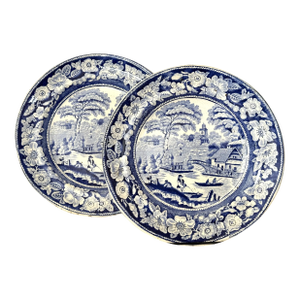Wild Rose Blue and White Transfer Ware Plates, 19th Century Plates English Staffordshire Landscape Scene- Set of 2