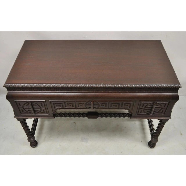 Antique Jacobean William and Mary Greek Key Carved Mahogany 3 Drawer Desk For Sale - Image 12 of 12