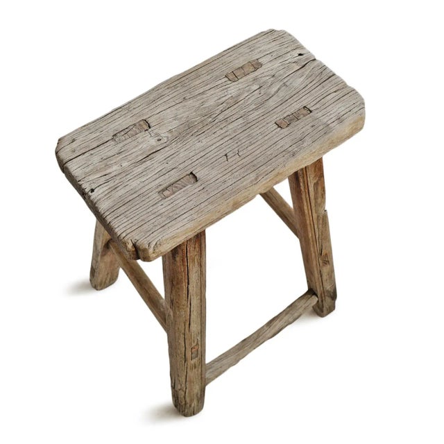 Rustic Vintage Elm Work Farm Stool For Sale - Image 3 of 12