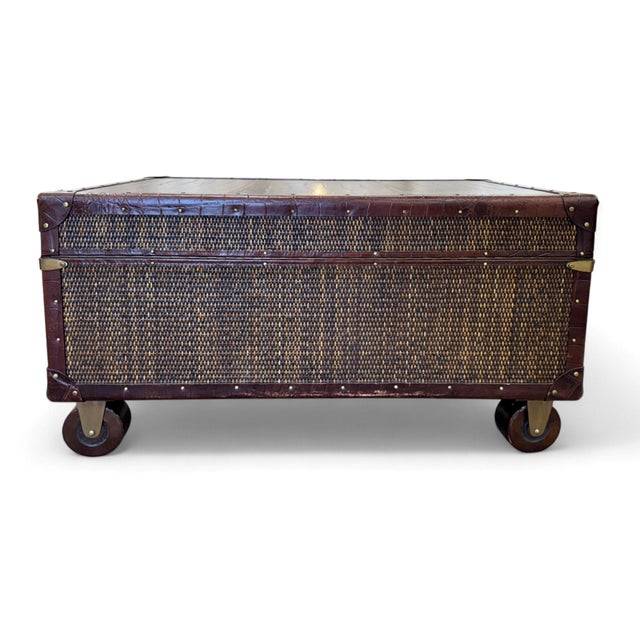Late 20th Century Baker Milling Road Rattan & Leather Campaign Style Trunk Table For Sale - Image 5 of 11