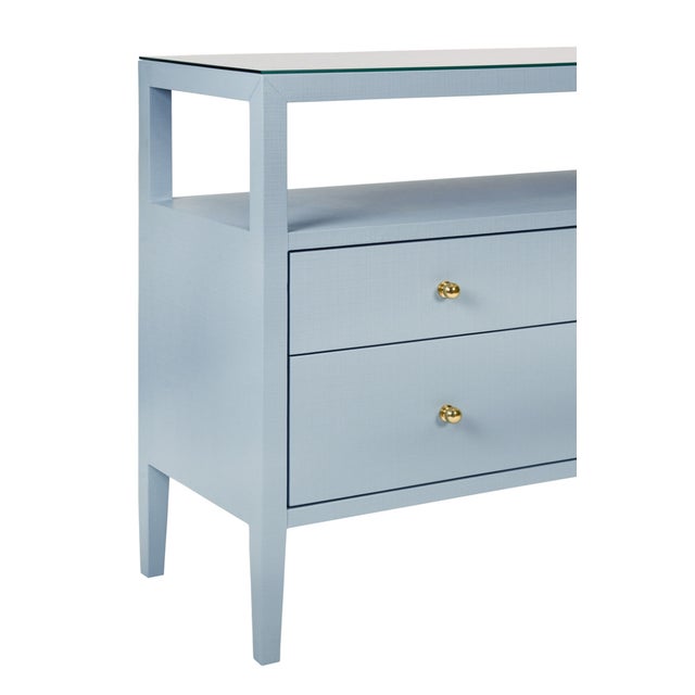 Matthew Izzo Home Jordan Painted Blue Linen Six Drawer Console Table With One Open Shelf, Glass Top, and Brass Knobs For Sale In New York - Image 6 of 7