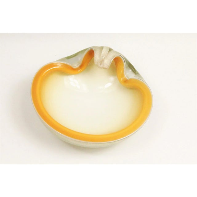 2-1/4" high x 7" wide X 6" top to bottom. Mid-century heavy cased clam shell bowl or ashtray by Alfredo Barbini. Gold...