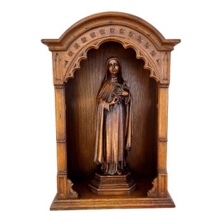 Antique French Carved Oak Statue Niche St. Thérèse Gothic Shrine C1930 For Sale