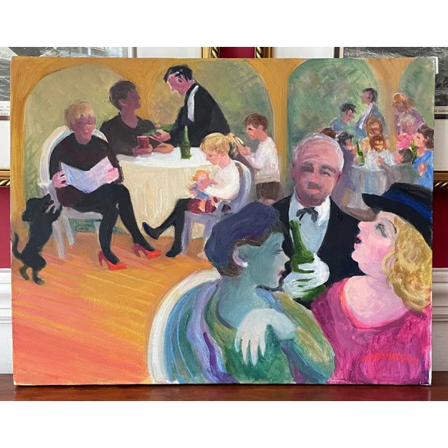Cafe Society, Oil on Canvas, Signed Joan Manning For Sale - Image 9 of 9