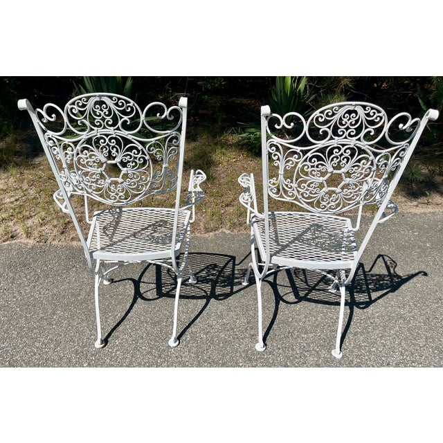White Pair Woodard Iron Arm Chairs Andalusian Spanish Lace Pattern For Sale - Image 8 of 9