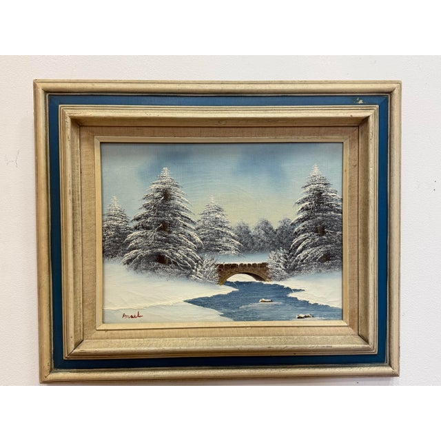 Wood 50's Vintage Winter Landscape Oil on Canvas For Sale - Image 7 of 9