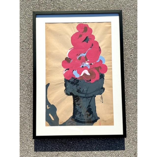 This striking original painting from 1975 is a vibrant celebration of Pop Art whimsy and Postmodern abstraction. The...