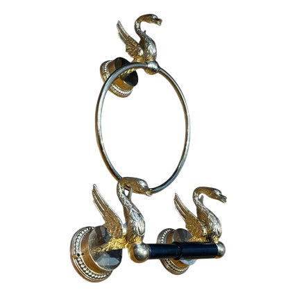 Gold-Plated Swan Towel Holder and Toilet Roll Holder, 1970s, Set of 2 For Sale