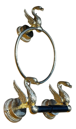 Gold-Plated Swan Towel Holder and Toilet Roll Holder, 1970s, Set of 2