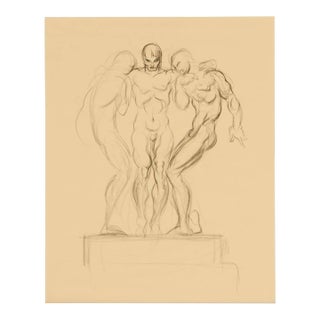 Donald De Lue (American, 1897–1988) — Art Deco Three Male Figures, C. 1935 Charcoal on Cream Paper, Estate Stamped For Sale
