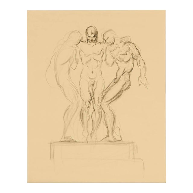 Donald De Lue (American, 1897–1988) — Art Deco Three Male Figures, C. 1935 Charcoal on Cream Paper, Estate Stamped For Sale