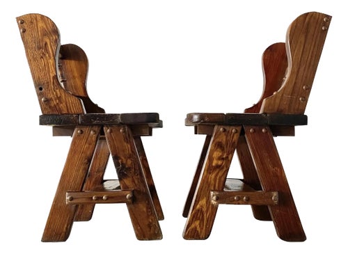 Brutalist Pair Knotty Pine Chairs (After Charlotte Perriand