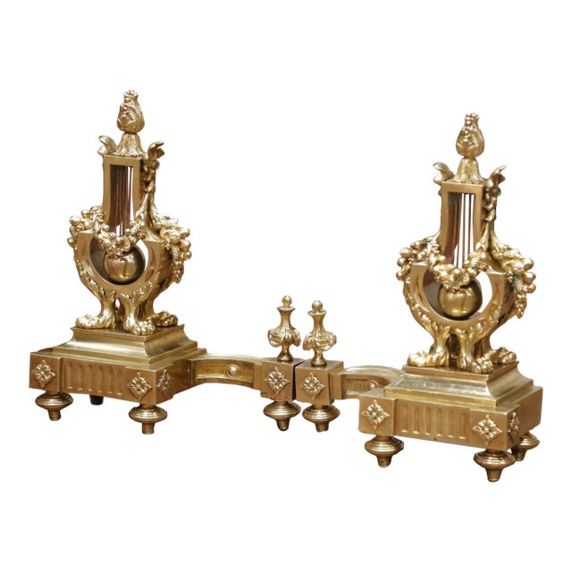 Pair of 19th Century French Louis XVI Bronze Lyre Form Chenets Andirons For Sale