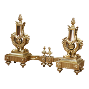 Pair of 19th Century French Louis XVI Bronze Lyre Form Chenets Andirons