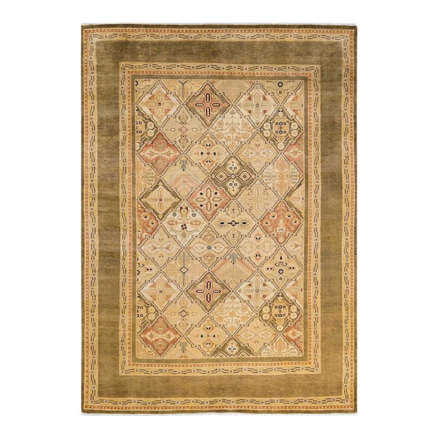 Vintage Traditional Hand Knotted Wool Area Rug, Olive - 6'0" X 8'7" For Sale