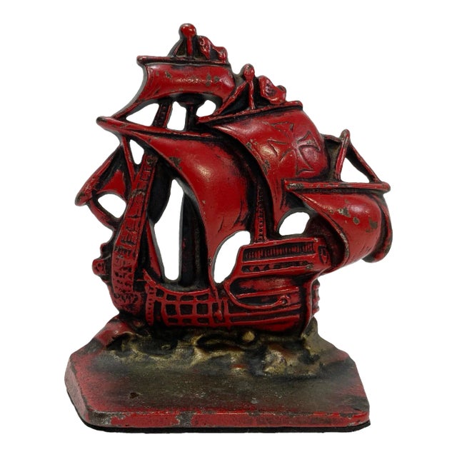Vintage Cast Iron Red Ship Doorstop For Sale