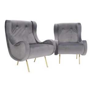 Pair Italian Mid-Century Modern Brass Legs Grey Arm Lounge Chairs Zanuso Buffa