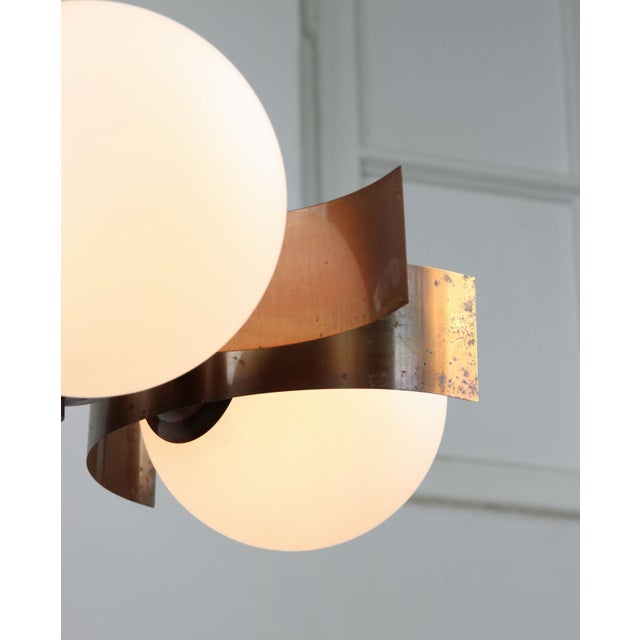 Vintage Italian Copper and Opaline Glass Chandelier For Sale - Image 11 of 18