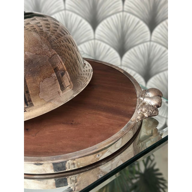 Vintage Portugal-Made Silver-Plated & Wood Cheese Board With Dome Cloche by Cazenovia Abroad by Topazio For Sale In Los Angeles - Image 6 of 11