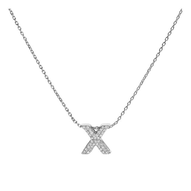 10K White Gold Diamond Accent "X" Initial Bubble Pendant Necklace For Sale