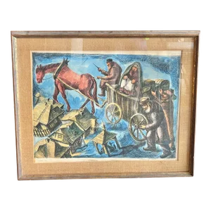 Mid 20th Century Vintage European Folk Art Framed Matted & Signed