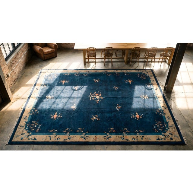 Textile Awesome Blue and Yellow Goldenrod Color With Special Florid Design Antique Chinese Peking Rug For Sale - Image 7 of 9