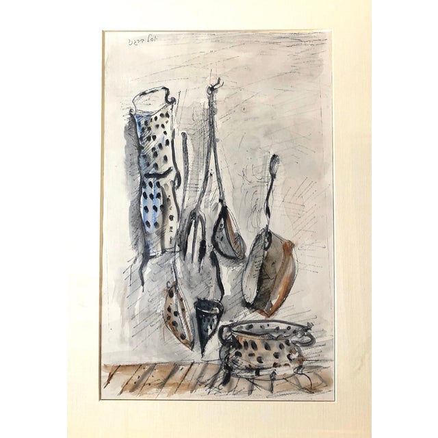 Yosl Bergner, Israeli Yosl Bergner Modernist Watercolor Painting Drawing Pots, Pans For Sale - Image 9 of 10