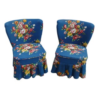 Cocktail Seats with Blue-Floral Design, 1950s, Set of 2 For Sale