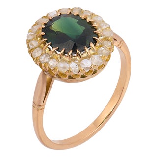 Early 20th Century Victorian 2.10 Carat Green Sapphire Diamond 18k Yellow Gold Cluster Ring, Size 7.75 For Sale