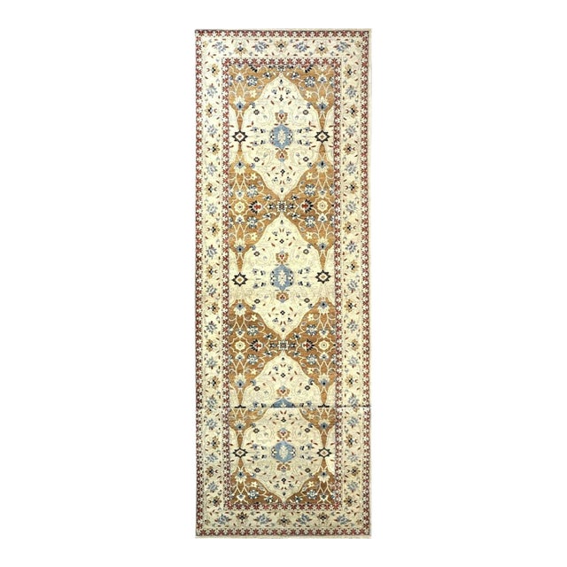 21st Century Afghan Sultanabad Wool 5x18 Tan, Blue & Ivory Handmade Gallery Rug #1143691 For Sale