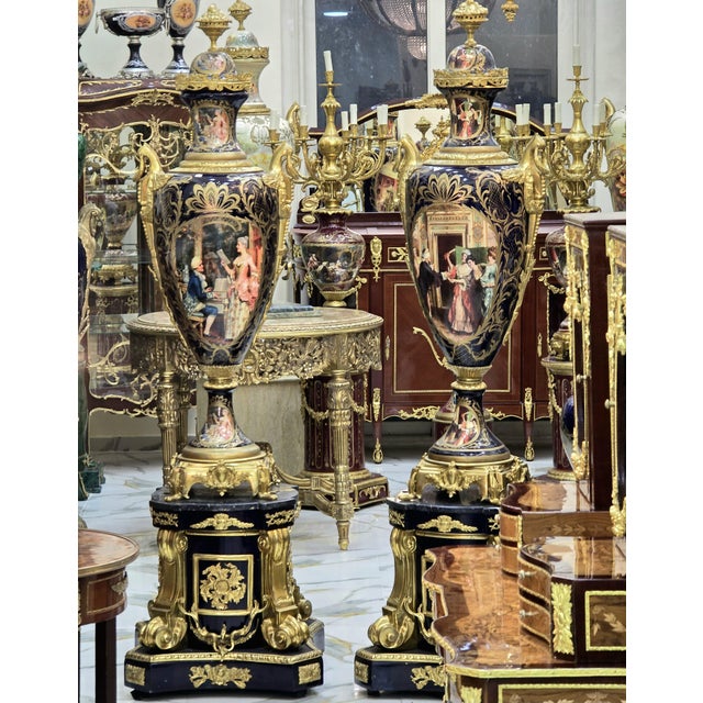 Sevres-Style Porcelain Vases With Pedestals – Hand-Painted Gilt Bronze, Pair For Sale - Image 4 of 14