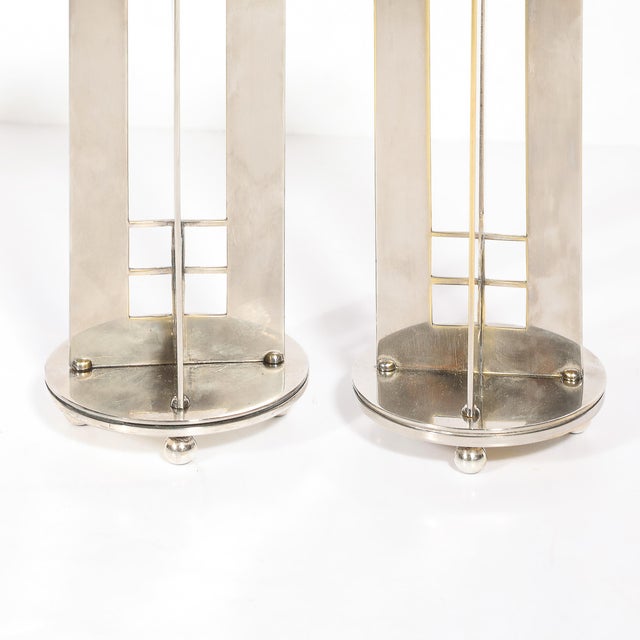 Silver Pair of Modernist Signed Swid Powell Geometric Candlestick Holders For Sale - Image 8 of 18