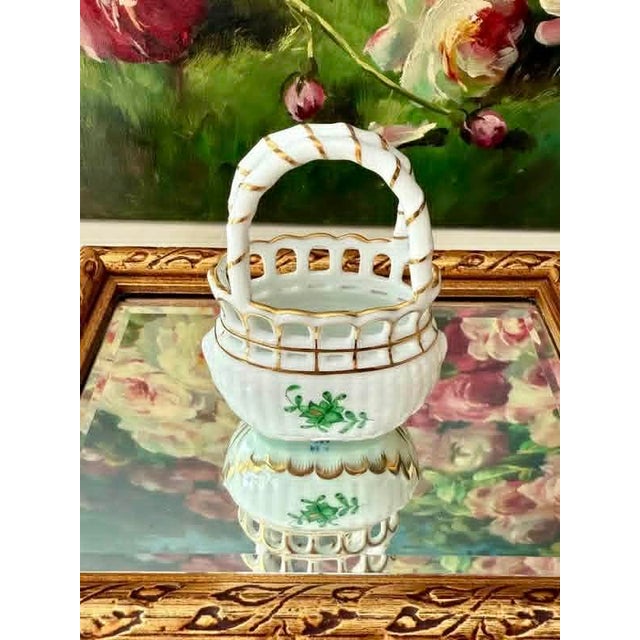 Ceramic Herend Hungarian Vintage Mini Hand-Painted Porcelain Basket With Handle - Made in Hungary For Sale - Image 7 of 10