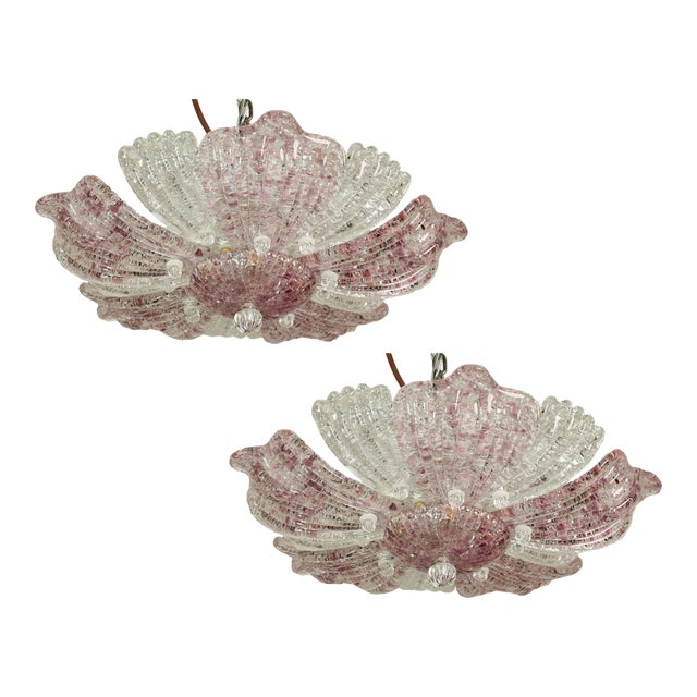 Set of 2 Vintage Murano Glass Ceiling Lamp Pink For Sale