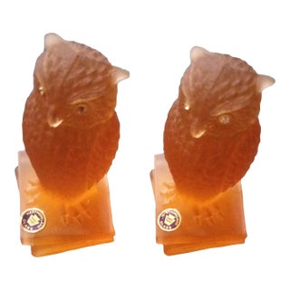 Gorgeous Pair of 1970 Westmoreland Satin Amber Glass Owl Figurines For Sale