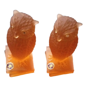 Gorgeous Pair of 1970 Westmoreland Satin Amber Glass Owl Figurines
