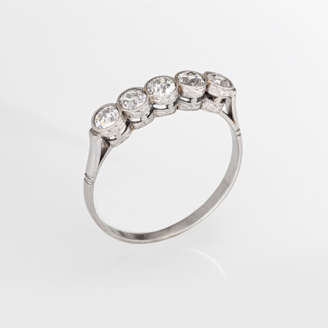 Traditional Edwardian Style 5 Stone Diamond Ring Platinum Size 6.75 Anniversary Band Estate For Sale - Image 3 of 6
