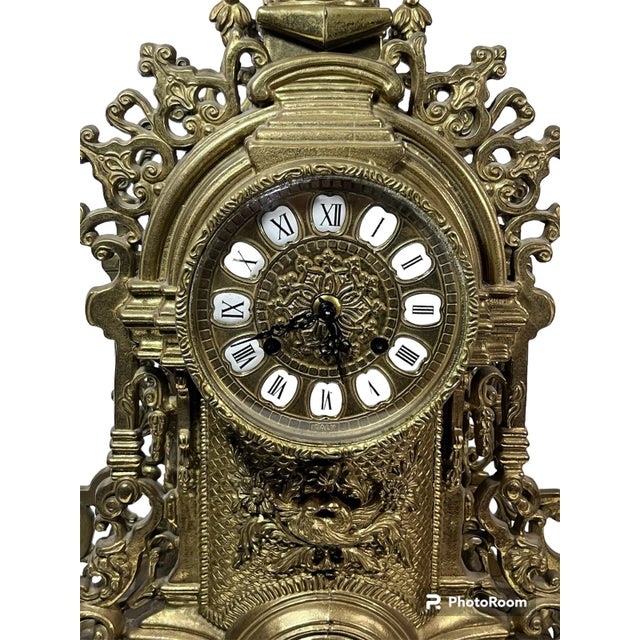 1960s 1960s French Style Mantel Clock and Candelabra Garniture Set by Frank Hermle - 3 Piece Set For Sale - Image 5 of 12