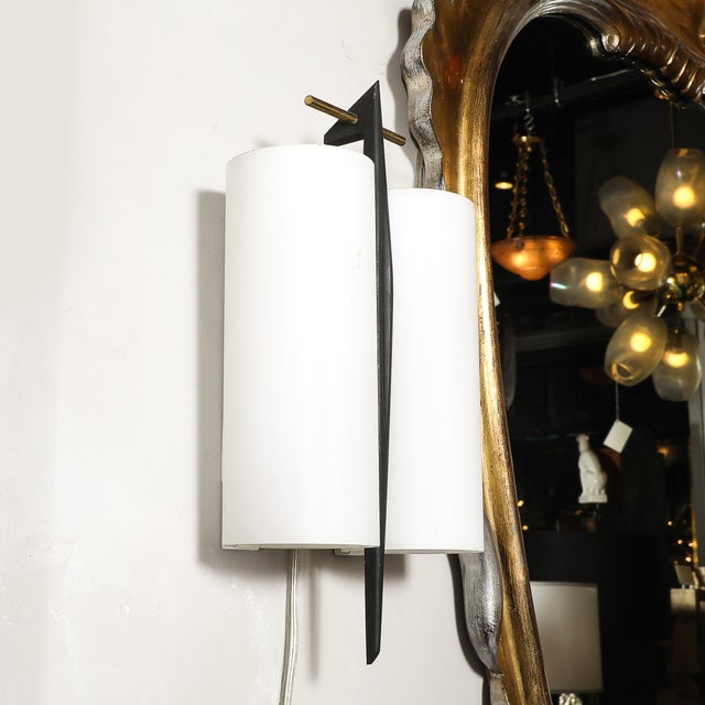Mid-Century Frosted Glass, Brass & Black Enamel Sconce by Maison Arlus For Sale - Image 9 of 11