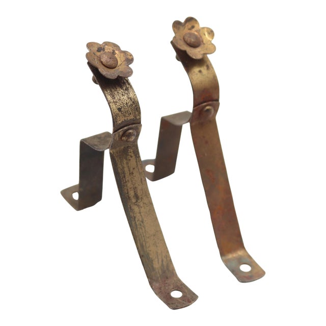 Pair of Vintage Floral Steel Curtain Rod Brackets For Sale