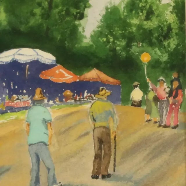 An afternoon flea market is the Americana scene in this 1977 framed watercolor painting by Louisiana artist Roger H....