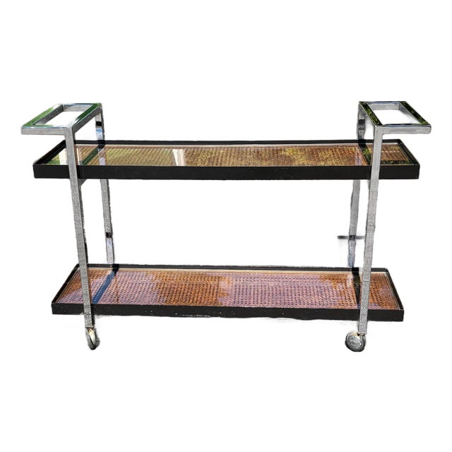 1960s Mid Century Cane and Heavy Chrome Two Level Bar Cart For Sale