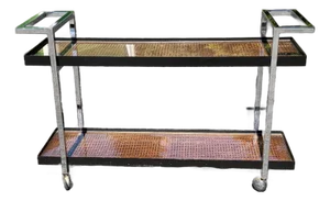 1960s Mid Century Cane and Heavy Chrome Two Level Bar Cart