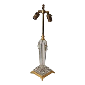 Antique Art Deco Design Table Lamp in Cut Crystal With Gilded Base & Double Socket